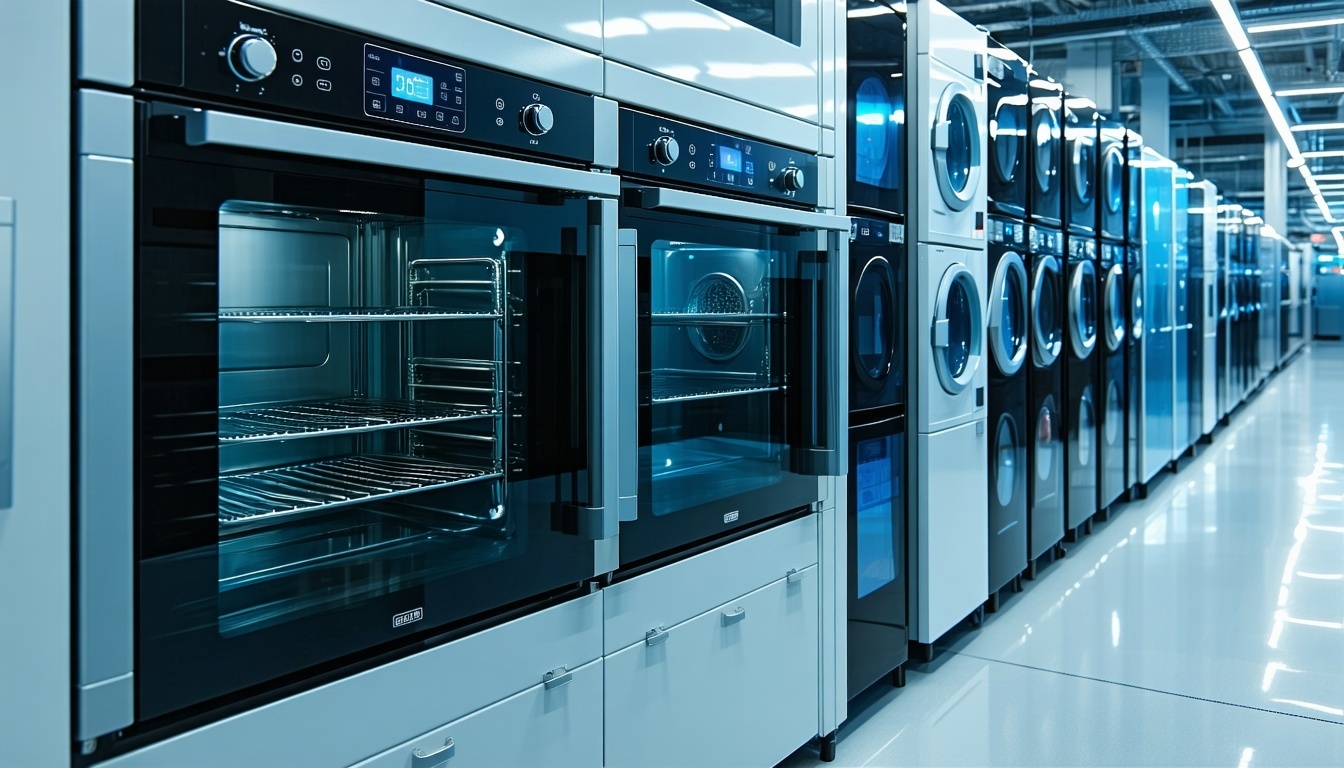 Hightech appliance production line featuring smart ovens fridges and washers Digital touchscreens IoTenabled components and AIbased quality control Sleek industrial design with emphasis on innovation and connectivity-1