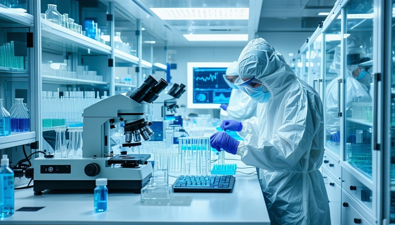 Modern life science laboratory with researchers in protective clothing working on hightech equipment sterile environment with test tubes microscopes and digital screens focus on biotechnological innovation bright lighting scientific precision and cle-1