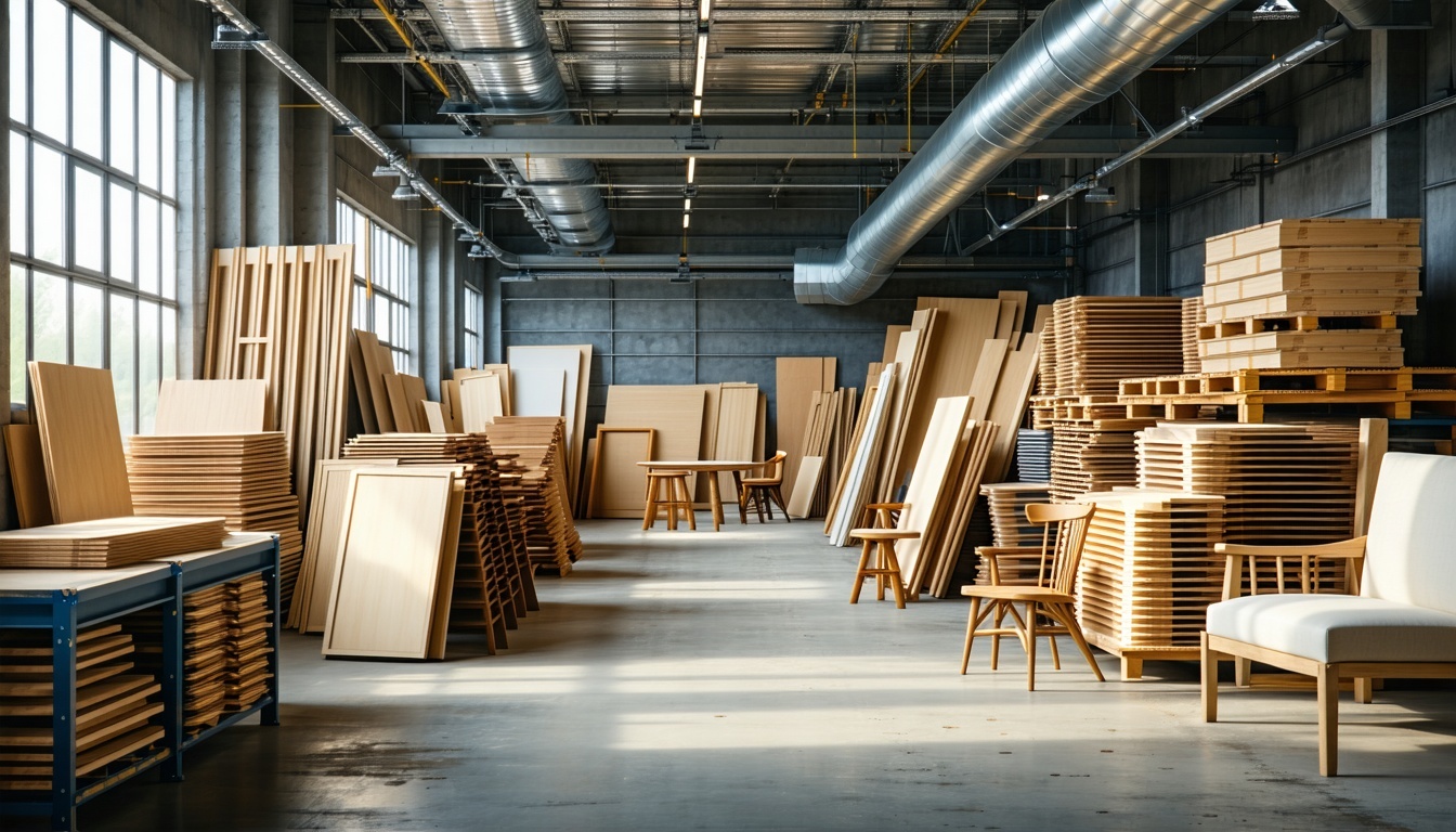 The scene includes woodworking machinery CNC routers stacked raw materials wood planks upholstery fabrics and partially assembled furniture like chairs tables or cabinets Clean organized environment with natural lighting and industrial elements like